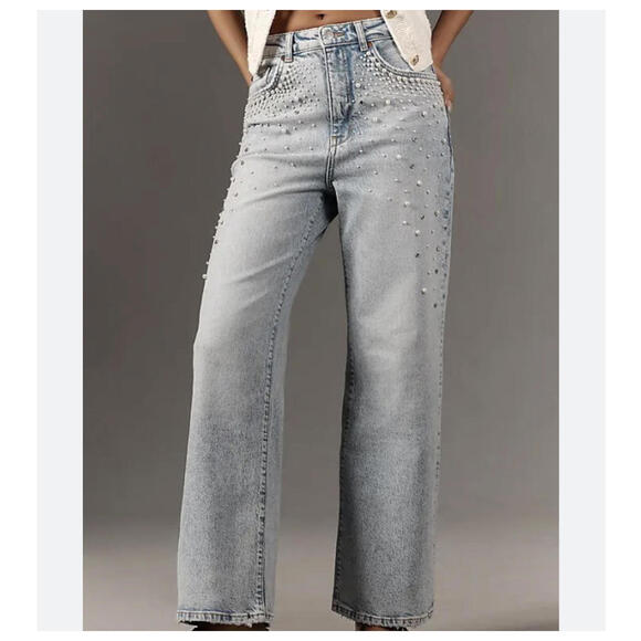 PILCRO the Austyn high-rise wide-leg jeans with pearl embellishments sz 32